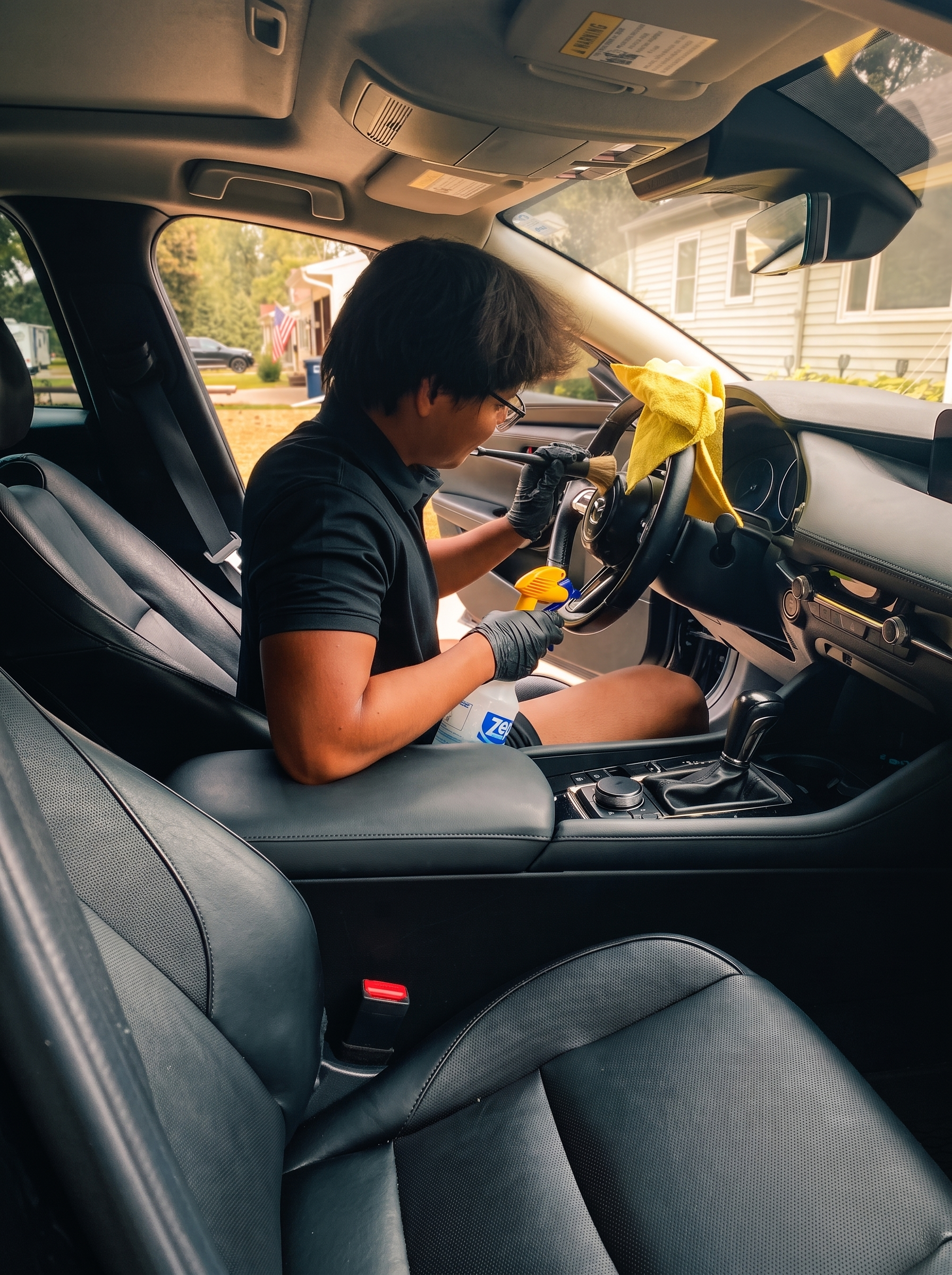 Steering wheel cleaning and sanitization by Dos Bros Auto Detailing
